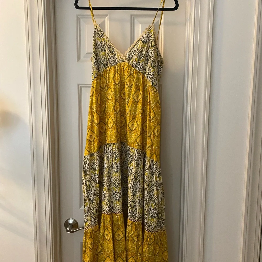 Zara Yellow and Cream 100% Cotton Patterned Boho Maxi Dress - Picture 3 of 9